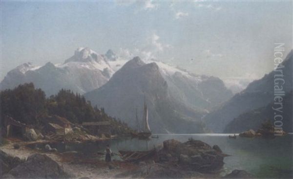 A Norwegian Fjord Landscape Oil Painting by Johannes Bartholomaeus Duntze