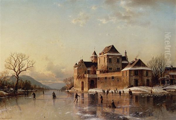 A Village On The Rhine In Winter Oil Painting by Johannes Bartholomaeus Duntze