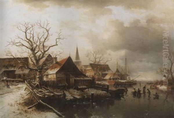 Winterliche Fluslandschaft Am Rande Eines Norddeutschen Kirchdorfes. Auf Dem Eise Spielende Kinder Oil Painting by Johannes Bartholomaeus Duntze