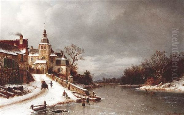 Winterliche, Vereiste Fluslandschaft Mit Spatbarocker Gutshofanlage Oil Painting by Johannes Bartholomaeus Duntze