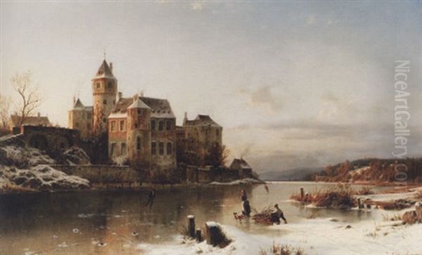 Skaters On A Frozen Lake, Beside A Castle Oil Painting by Johannes Bartholomaeus Duntze