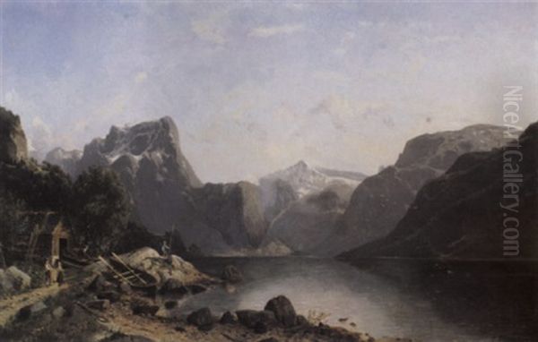 Mann Med Fluestang Ved Fjellvann Oil Painting by Johannes Bartholomaeus Duntze