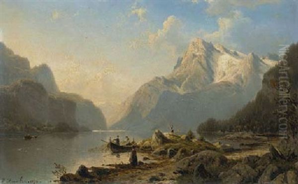 Fishing In The Fjord Oil Painting by Johannes Bartholomaeus Duntze