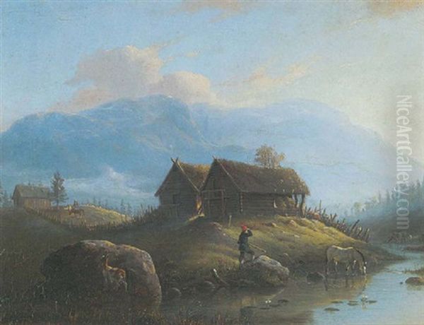 Fyresaetter - Sennhutten... Im Hardanger Oil Painting by Johannes Bartholomaeus Duntze