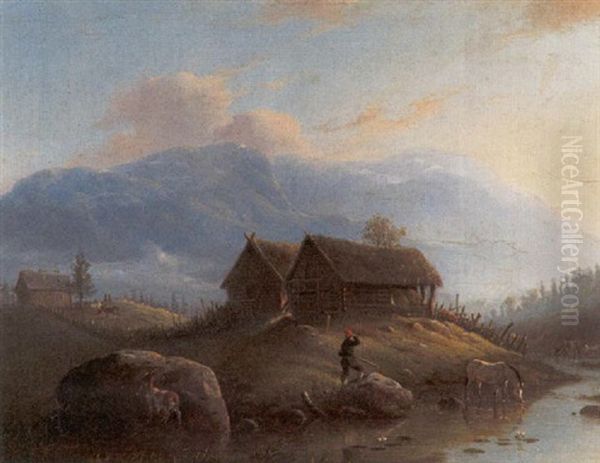 Sennhutten In Hardanger Oil Painting by Johannes Bartholomaeus Duntze