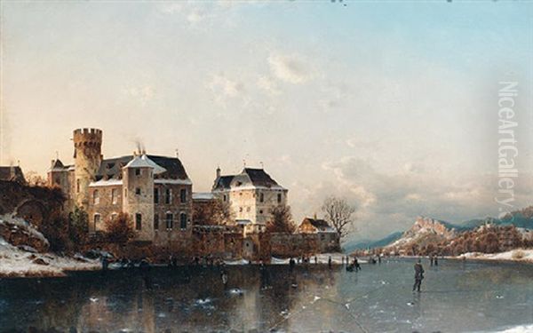 Skaters On Frozen Lake Near A Castle Oil Painting by Johannes Bartholomaeus Duntze