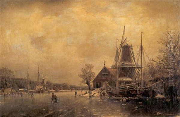 Frozen River Landscape Oil Painting by Johannes Bartholomaeus Duntze