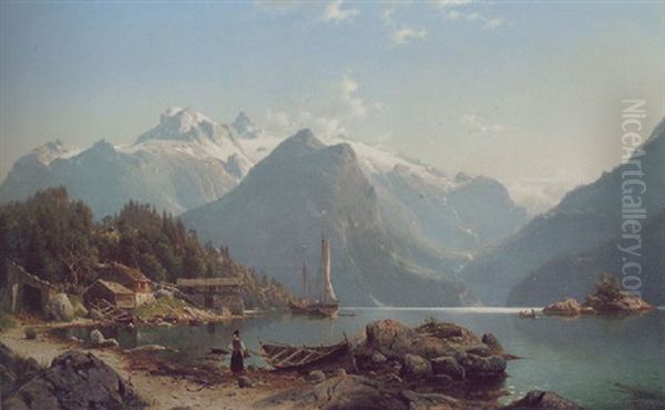 A Norwegian Fjord Landscape Oil Painting by Johannes Bartholomaeus Duntze