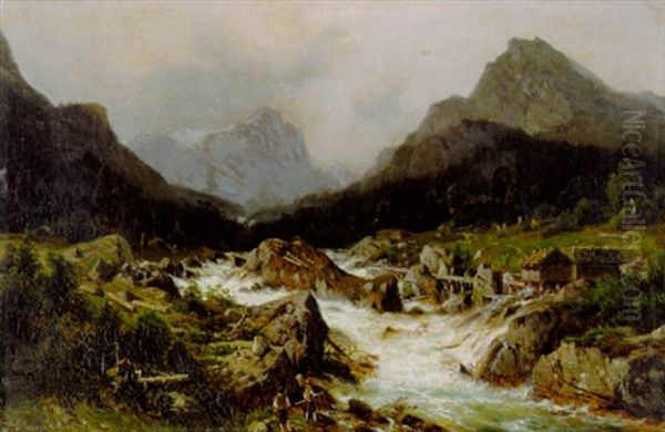 Hochgebirgslandschaft Mit Wildwasser Und Angelnden Kindern Oil Painting by Johannes Bartholomaeus Duntze