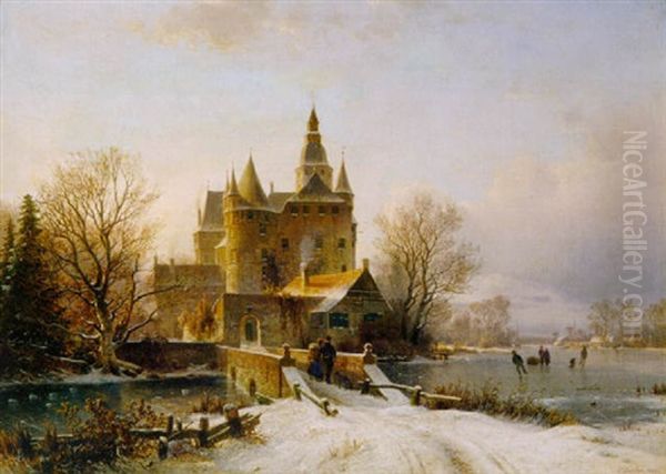 Winterlandschaft Mit Schloss Am See Bei Sonnenuntergang by Johannes Bartholomaeus Duntze