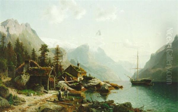 Figures Beside A Lake Oil Painting by Johannes Bartholomaeus Duntze