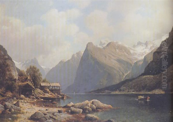 Fishing Village In The Fjords Oil Painting by Johannes Bartholomaeus Duntze