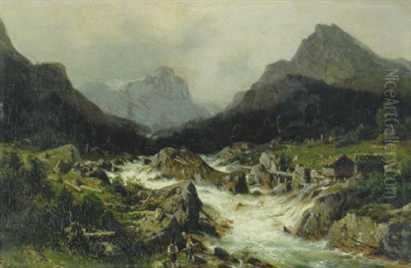 Hochgebirgslandschaft Mit Wildwasser Und Angelnden Kindern Oil Painting by Johannes Bartholomaeus Duntze