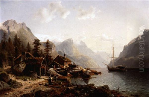 Fischerboot In Einem Fjord Oil Painting by Johannes Bartholomaeus Duntze