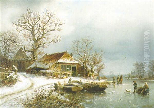 A Frozen Winter Landscape Oil Painting by Johannes Bartholomaeus Duntze