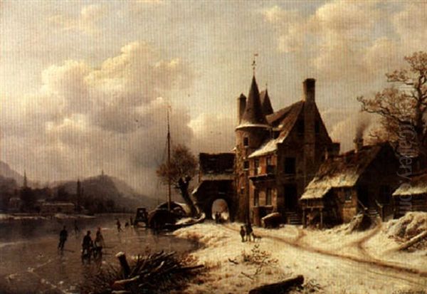 A Village In Winter By A Frozen Stream Oil Painting by Johannes Bartholomaeus Duntze