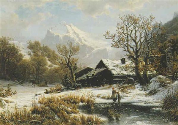 Winter Landscape Oil Painting by Johannes Bartholomaeus Duntze