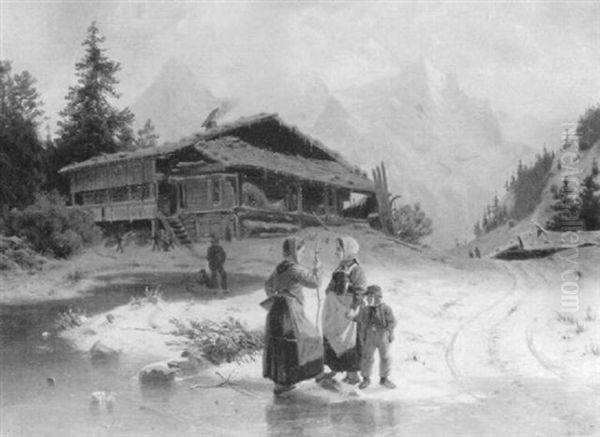 Figures In A Frozen Alpine Landscape With Cottage Oil Painting by Johannes Bartholomaeus Duntze