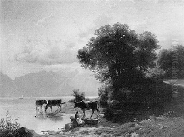 A Peasant Girl And Cows Near A Lake by Johannes Bartholomaeus Duntze