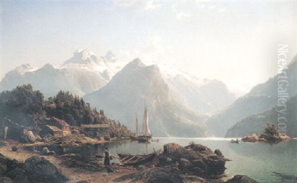 Norwegian Fjord Landscape Oil Painting by Johannes Bartholomaeus Duntze