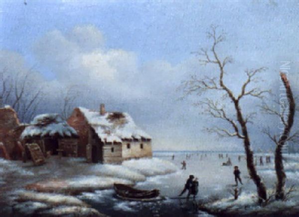 Winter Skaters Oil Painting by Johannes Bartholomaeus Duntze