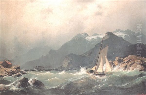 Shipping Off A Coast In Rough Seas Oil Painting by Johannes Bartholomaeus Duntze