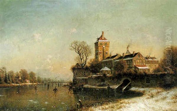 Figures On A Frozen River Before A Town Oil Painting by Johannes Bartholomaeus Duntze