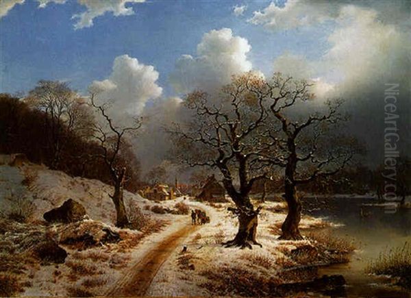 A Frozen Winter Landscape Oil Painting by Johannes Bartholomaeus Duntze