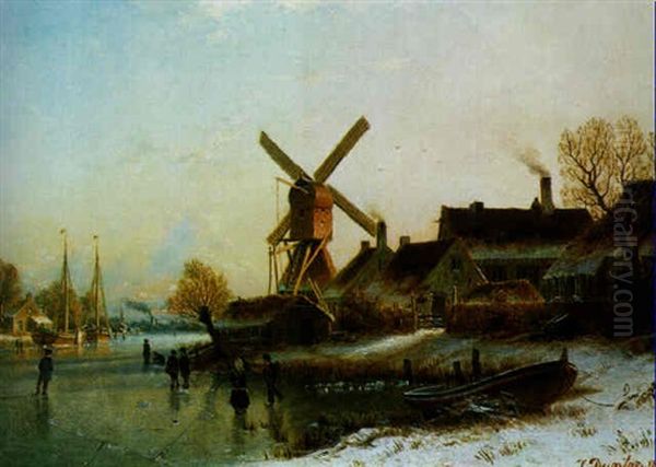 Dorf Im Winter Mit Eislaufern Oil Painting by Johannes Bartholomaeus Duntze