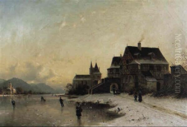 Townsfolk Skating On A Frozen Lake Oil Painting by Johannes Bartholomaeus Duntze