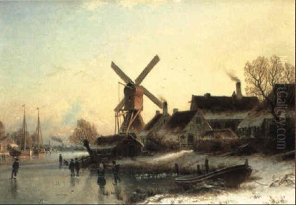 Winter Landscape With Figures Near A Village Oil Painting by Johannes Bartholomaeus Duntze