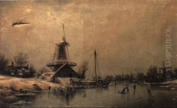 Skaters On A Frozen River Before A Windmill Oil Painting by Johannes Bartholomaeus Duntze