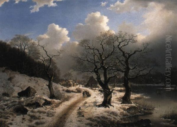 A Frozen Winter Landscape Oil Painting by Johannes Bartholomaeus Duntze