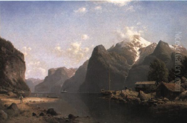 A Norwegian Fjord Oil Painting by Johannes Bartholomaeus Duntze