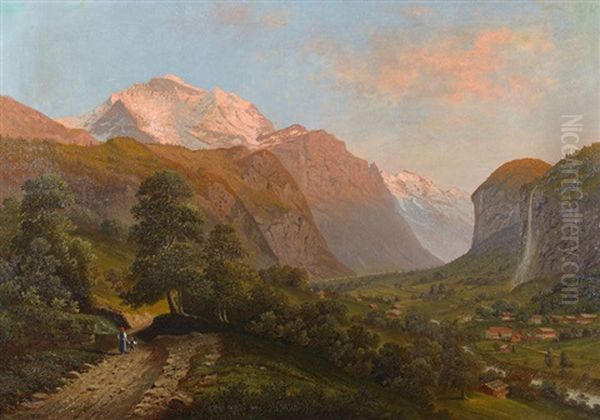 Lauterbrunnental Mit Der Jungfrau Im Abendrot Oil Painting by Alfred Duenz