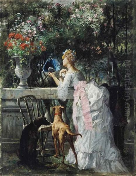 Femme Dans Le Parc Avec Les Chiens Oil Painting by Edmond Louis Dupain