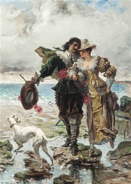 Romance On The Sea Shore Oil Painting by Edmond Louis Dupain