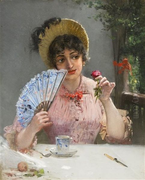 Woman With Fan Oil Painting by Edmond Louis Dupain