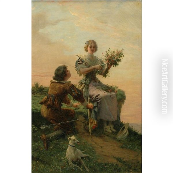 Courting Couple With Dog Oil Painting by Edmond Louis Dupain