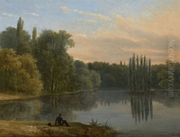 Promeneur Devant L'ile Des Peupliers Dans Le Parc D'ermenonville Et Vue D'un Village De L'oise Oil Painting by Pierre-Louis Duplat