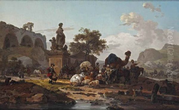 An Italianate Landscape With A Caravan Of Cattle, Sheep, A Camel And Travellers, Near A Ruin Oil Painting by Claude Michel Hamon Duplessis