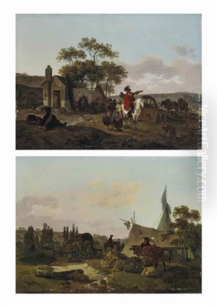 Paysage Au Cavalier; Et Paysage Au Campement (pair) Oil Painting by Claude Michel Hamon Duplessis