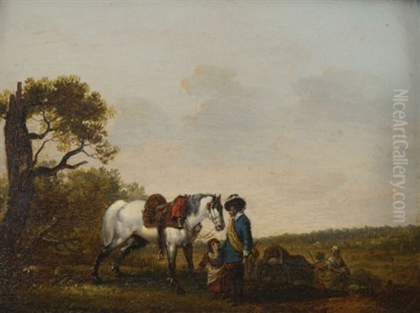 Cavalier Et Son Cheval Avec Villageois En Chemin Oil Painting by Claude Michel Hamon Duplessis