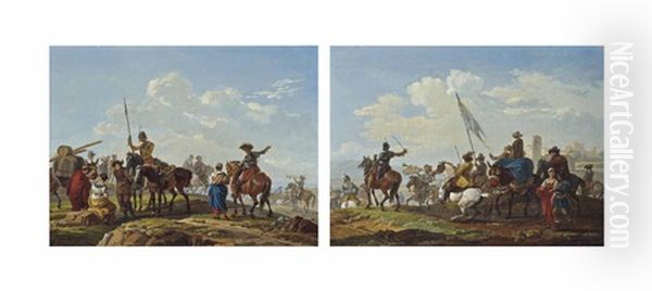 The Departure Of The Troops; A Military Convoy On The March (pair) Oil Painting by Claude Michel Hamon Duplessis