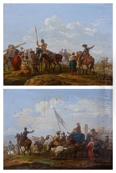 Le Depart De La Troupe Et La Halte Du Convoi (pair) Oil Painting by Claude Michel Hamon Duplessis