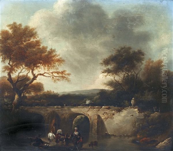 Idyllische Landschaft Mit Brucke Und Reisenden Oil Painting by Claude Michel Hamon Duplessis