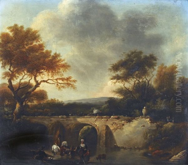 Idyllische Landschaft Mit Brucke Und Reisenden Oil Painting by Claude Michel Hamon Duplessis