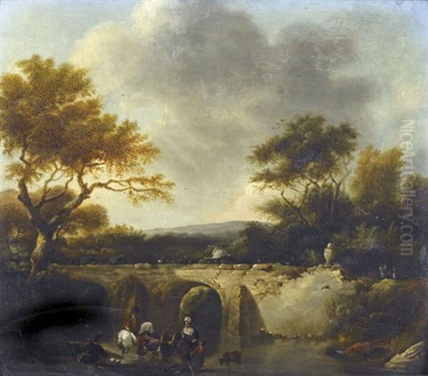 Idyllische Landschaft Mit Brucke Und Reisenden Oil Painting by Claude Michel Hamon Duplessis