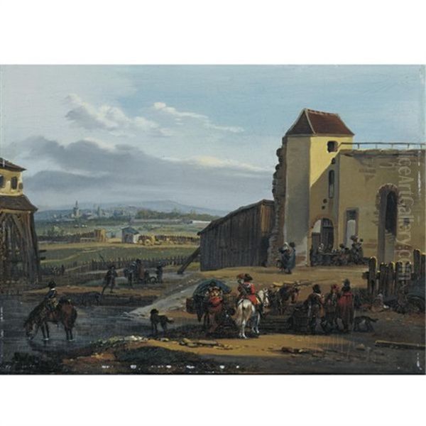 Travellers Resting Before The Fortifications Of A Distant City Oil Painting by Claude Michel Hamon Duplessis