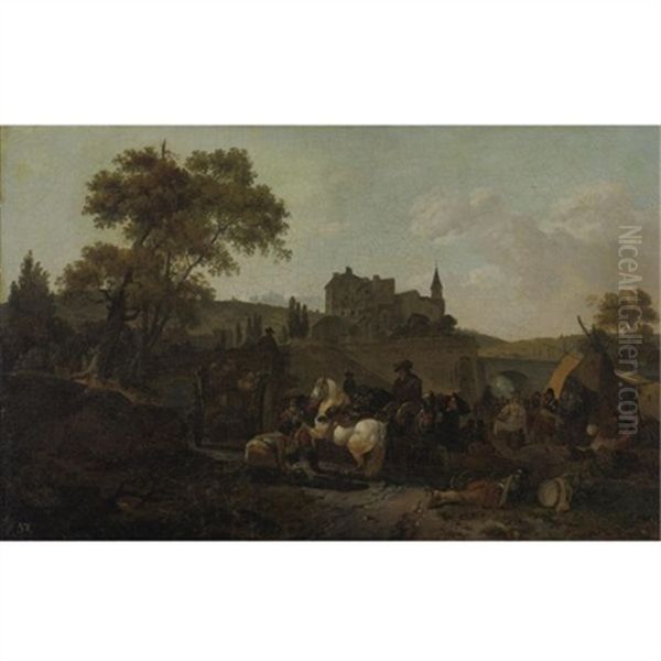 A Military Encampment In Front Of A Town Oil Painting by Claude Michel Hamon Duplessis